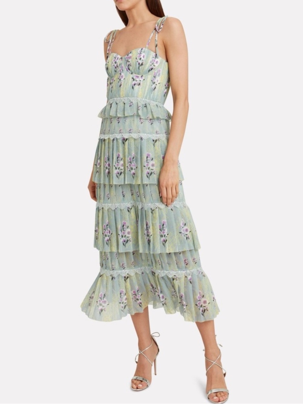 Self Portrait Tiered Midi Dress Floral Lace Printed Chiffon Mint Pastel 8 $495 - Picture 13 of 13